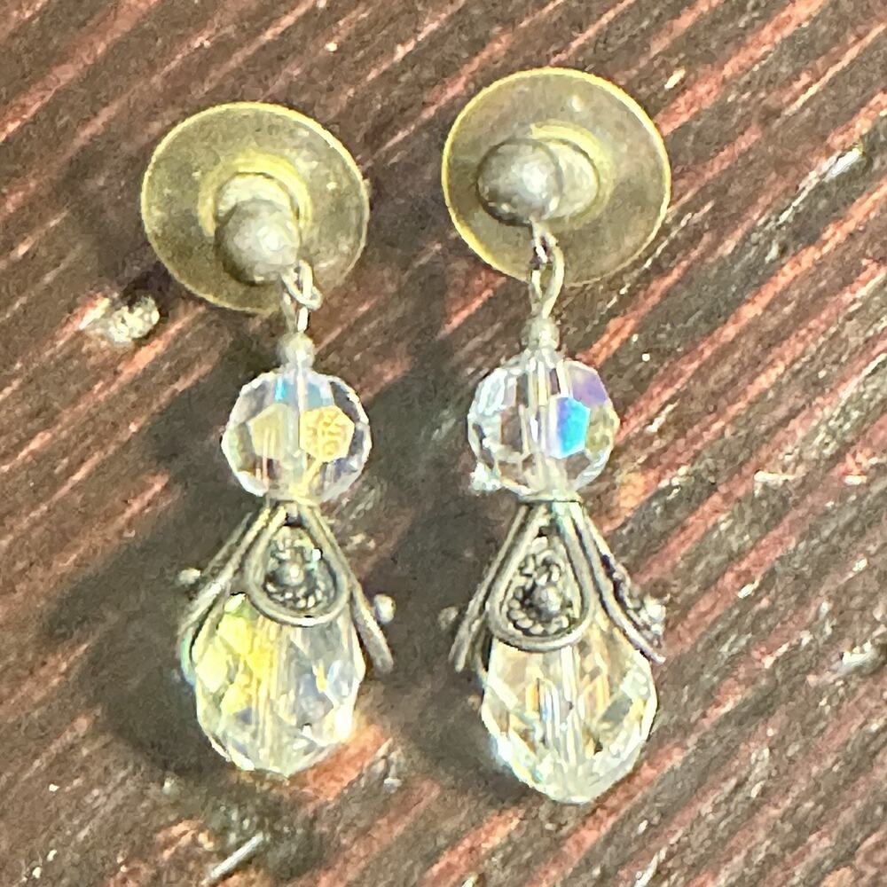 Vintage Faceted Crystal Drop Earrings Iridescent Aurora Borealis Dangle Pierced